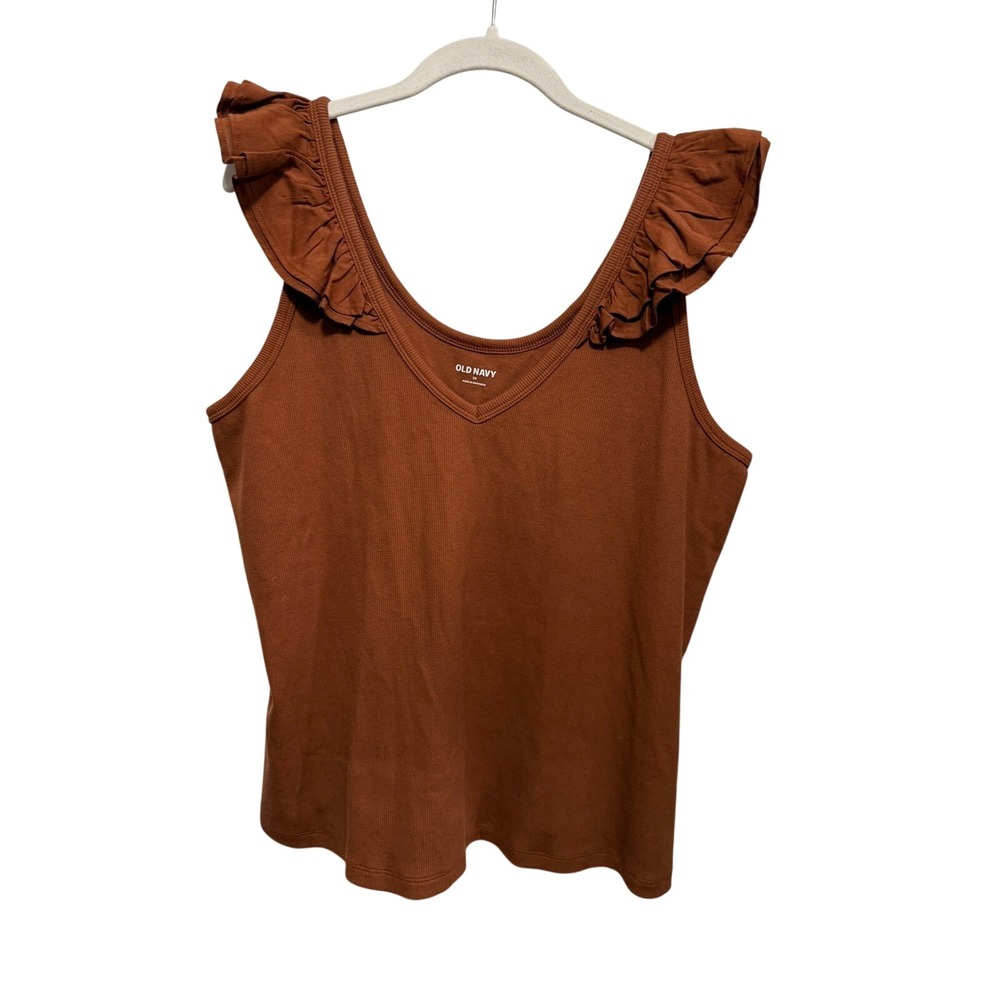 New Old Navy Womens 2X Ribbed Ruffle trim Knit Tank Top Plus Size Chestnut brown